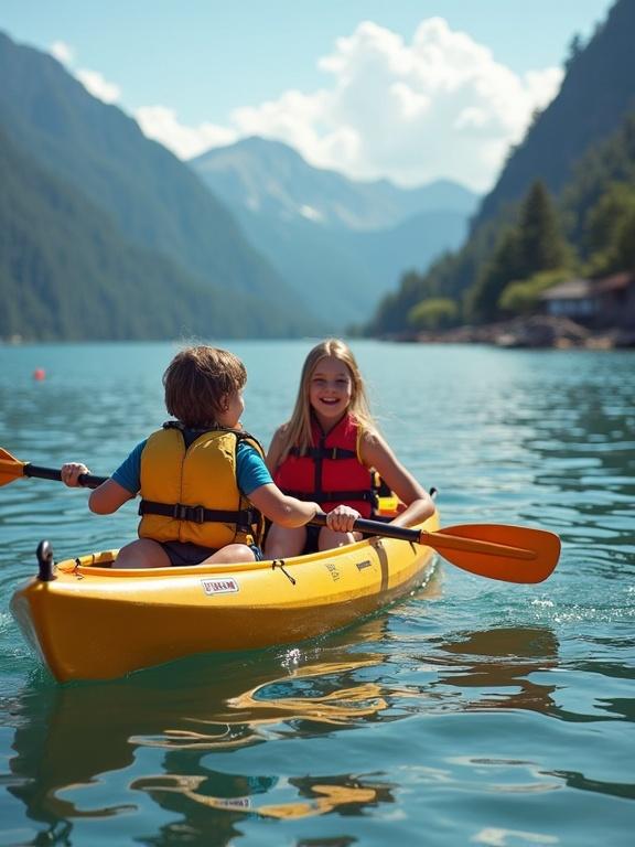 A family kayaking trip on calm waters surrounded by mountains. Two children enjoy paddling in a yellow kayak. Bright sunlight and scenic landscape enhance the experience. Safety gear worn by children for fun and safety.