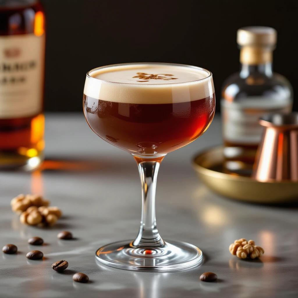 Generate an image of Copper Clover cocktail with bourbon walnut liqueur coffee liqueur served in a coupe glass. Include garnish and ambient setting.