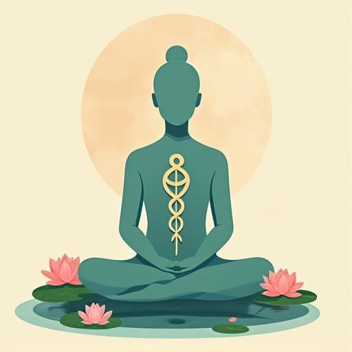 Illustration shows a seated figure in teal. Body has a decorative symbol of a serpent entwined around a caduceus on the chest. Background is soft beige with texture. Pool with pink lotus flowers and green lily pads surrounds the figure. Pastel colors create harmony.