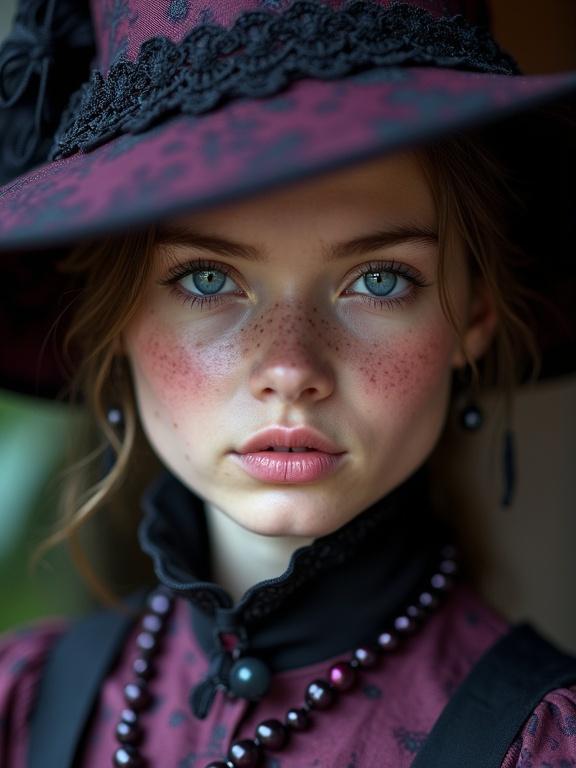 Close-up portrait of a person with blue eyes and freckles. They wear an elaborate dark purple hat with black beads and lace trim. A high dark purple collared top features a patterned design. A reddish-purple beaded necklace adorns their neck. The person looks directly at the viewer, set in a soft-focus background.