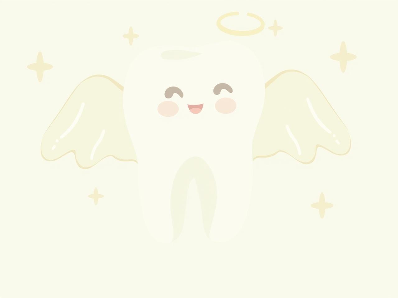 The image features a cute, cartoonish tooth with angel wings. It has a big, smiling face and rosy cheeks, giving it a cheerful expression. The background is a soft, light color that highlights the tooth's bright appearance. There are sparkles around the tooth, adding to its magical and joyful vibe. This character might be used to promote dental health or as a mascot for a dental-related theme.