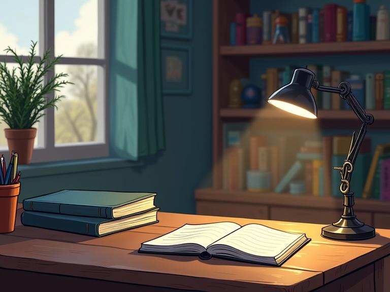 Cartoon scene of a desk with an open notebook and desk lamp. Room has a bookshelf and plants. Warm, inviting atmosphere, portraying a study or workspace.