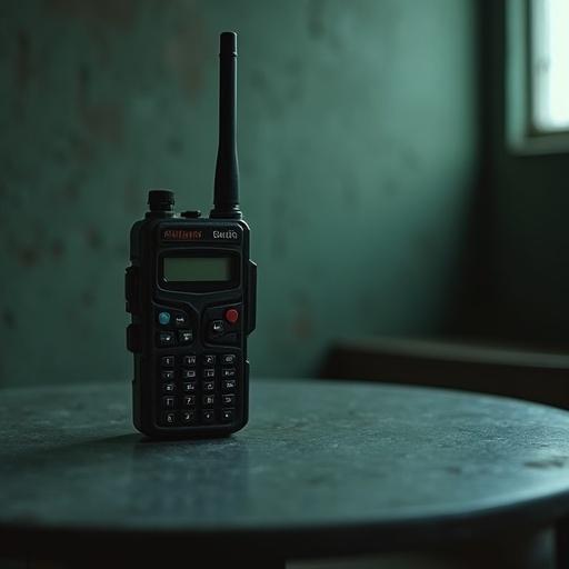 Close-up shot of an old walkie-talkie on a small metal table in a dark concrete room. The device is quiet. Out-of-focus background shows dark containment chamber walls. The atmosphere conveys isolation and implied horror.