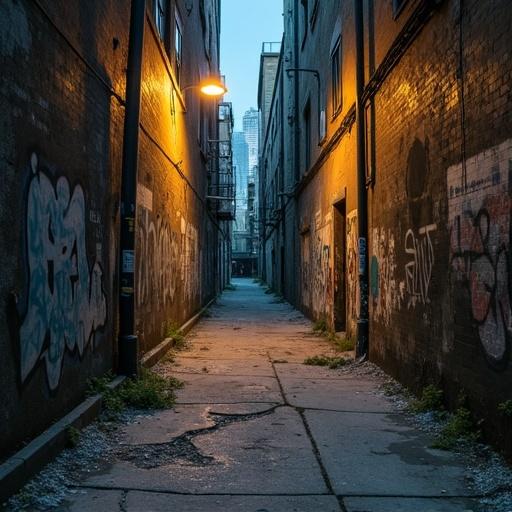 A gritty urban alleyway viewed from the center. The alley has walls and pavement lines converging towards the vanishing point. A flickering streetlamp casts light on cracked concrete. The scene shows scattered debris and graffiti. The area is empty, highlighting the city's raw architecture.