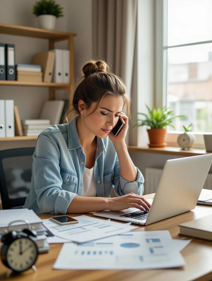 Photographic image of a busy mom in her home office. She talks on the phone while using a laptop. Surrounded by papers and a calendar. Clock shows late hour. Natural lighting from a nearby window. Warm and inviting colors.