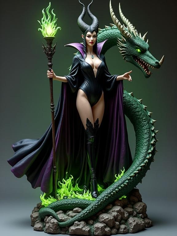 High quality resin sculpture inspired by Maleficent. The figure is dark and elegant with tall horns. She wears a flowing black and purple cape. The sculpture features a rocky base with roots and magical green fire. In her hand, she holds a long staff topped with a glowing orb. Behind her is a huge dragon with glowing eyes. The style is realistic with ultra-detailed textures and dramatic lighting.