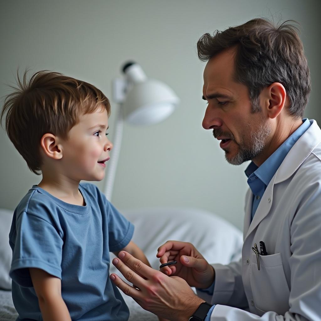 Picture of a concerned-looking doctor examining a sick boy.