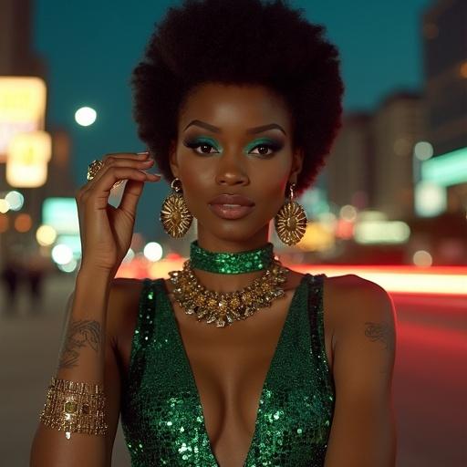 A 1970s-inspired West African woman poses confidently. She has rich mahogany skin and bold disco makeup. The makeup includes electric blue eyeshadow and glossy lips. Her jewelry is oversized with a chunky layered necklace and hoop earrings. She wears a plunging emerald green sequin jumpsuit. The background features a vintage downtown skyline at night, with streaks of car lights. The image has a grainy, slightly overexposed quality.