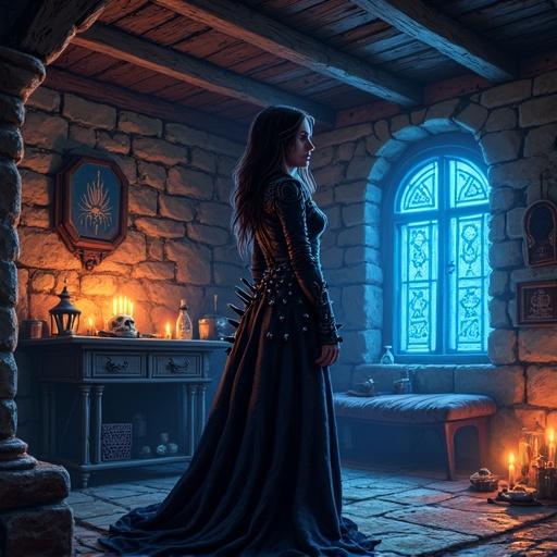 Masterwork of pixel art depicts a haunting female figure inside a retro-gothic witch house. She wears obsidian spiked leather armor illuminated by candlelight. Her face shows exquisite sorrow and beautiful madness divided by a bloody fracture. Ancient wooden beams are featured along with glowing Elder Futhark runes on stone walls. A crystalline skull radiates cold light on an altar. Shadowy corners contain arcane implements, potion bottles, and spell books. Every pixel is meticulously arranged for stunning lighting effects and professional composition.