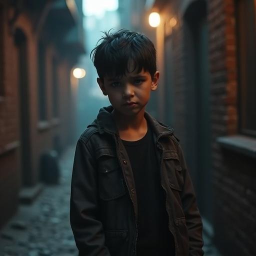 Photorealistic image of a young Turkish male with dark hair standing in an Istanbul alleyway. He shows signs of worry and fear in a gritty setting with brick walls. An older blonde boy approaches him in a moody atmosphere created by strong contrasts from the lighting.