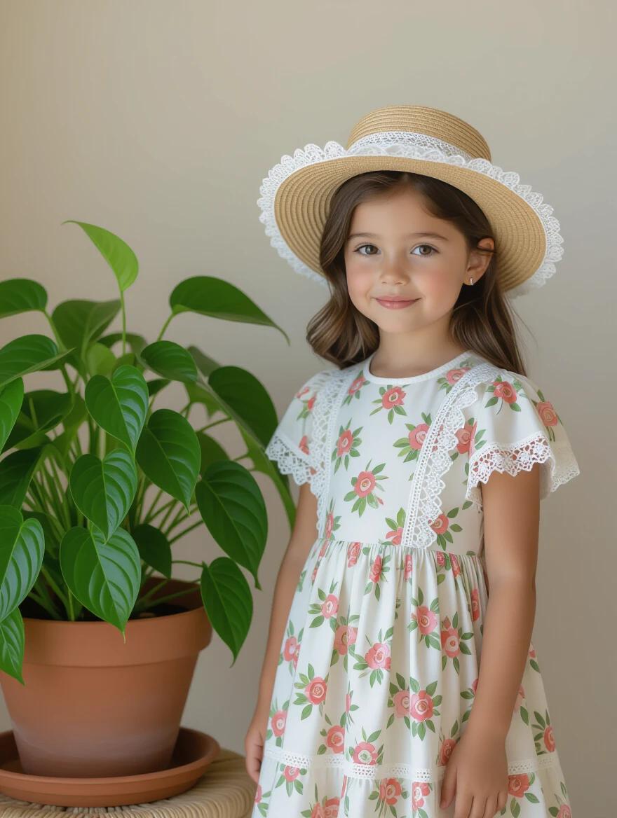 Young girl wears a vintage floral dress with lace details and a straw hat. She stands beside a large Pothos plant indoors. Light-colored wall in background. Natural diffused lighting. Innocent and nostalgic vibe. Full body shot with sharp details.