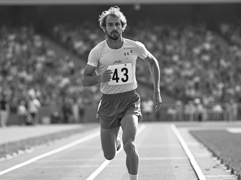 Black and white photograph depicts athlete running on track field. Athlete wears shorts and T-shirt with red details. Large number 43 is visible on his chest. Spectators are in the background. Style is vintage with old movie grain effect.