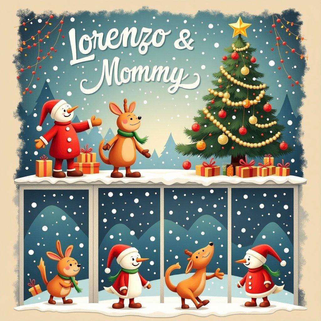 Festive scene with Christmas theme featuring characters like snowmen, rabbits, a kangaroo, and a Christmas tree. Bright colors and cheerful atmosphere celebrate the holiday season with the names Lorenzo and Mommy prominently displayed.