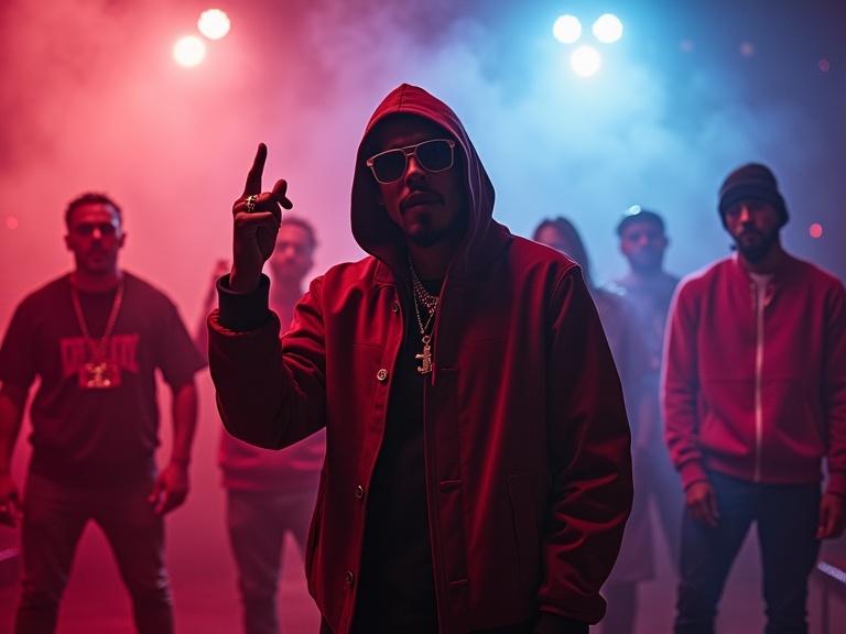 A group of rappers perform under colorful lights with smoke in the background. The central figure makes a striking pose while the others support the vibe. Dramatic lighting enhances the scene.