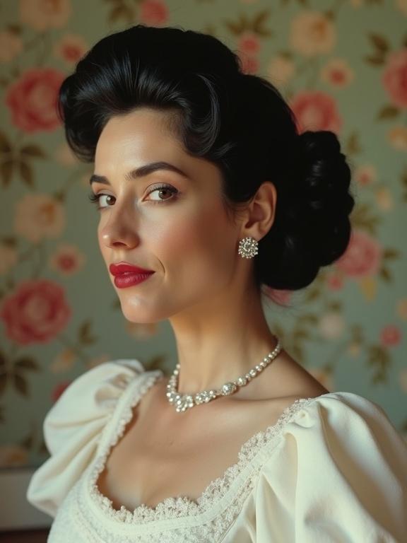 Portrait of a woman with elegant features. 1950s hairstyle with soft curls. Floral wallpaper in the background. Wearing white dress with puff sleeves. Profile view highlighting facial structure. Emphasizes classic beauty.