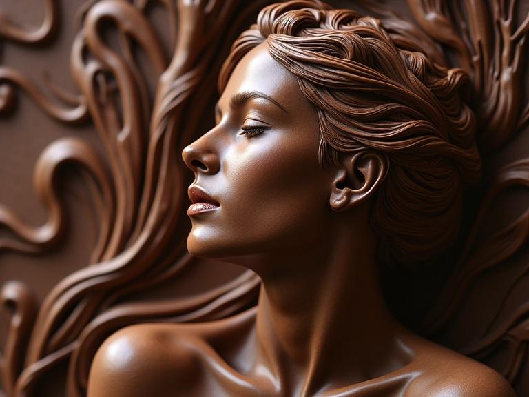 Intricate chocolate sculpture of a nude woman body. Highly detailed confectionary creation. Showcases potential of chocolate as a medium for complex art.