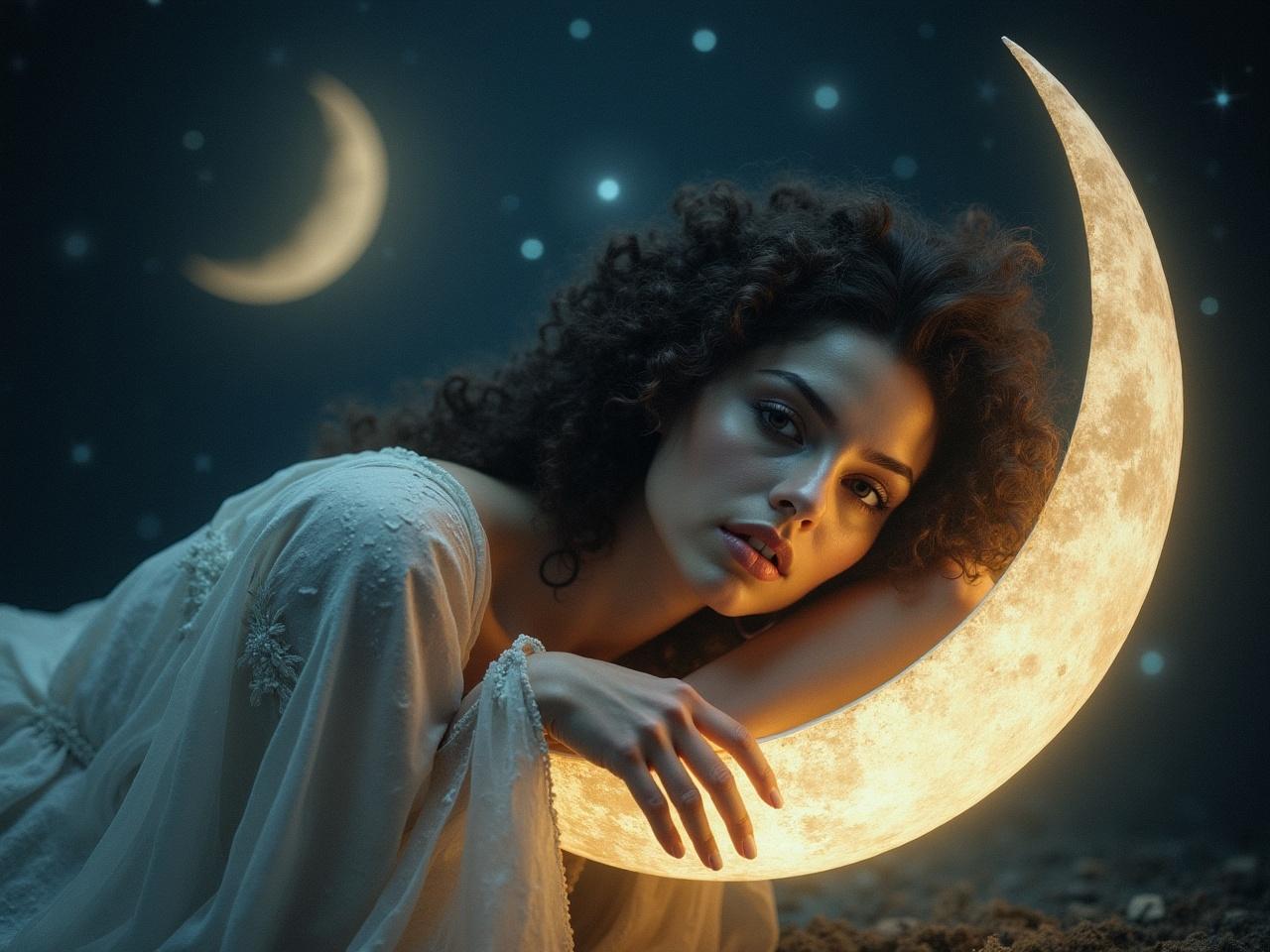 In an enchanting night scene, a woman with curly dark hair and striking features rests gently on a glowing crescent moon. Her serene expression and the elaborate, flowing gown she wears contribute to a mystical and dreamlike atmosphere. Stars twinkle softly in the indigo sky, enhancing the celestial theme and imparting a sense of wonder and tranquility to the composition.