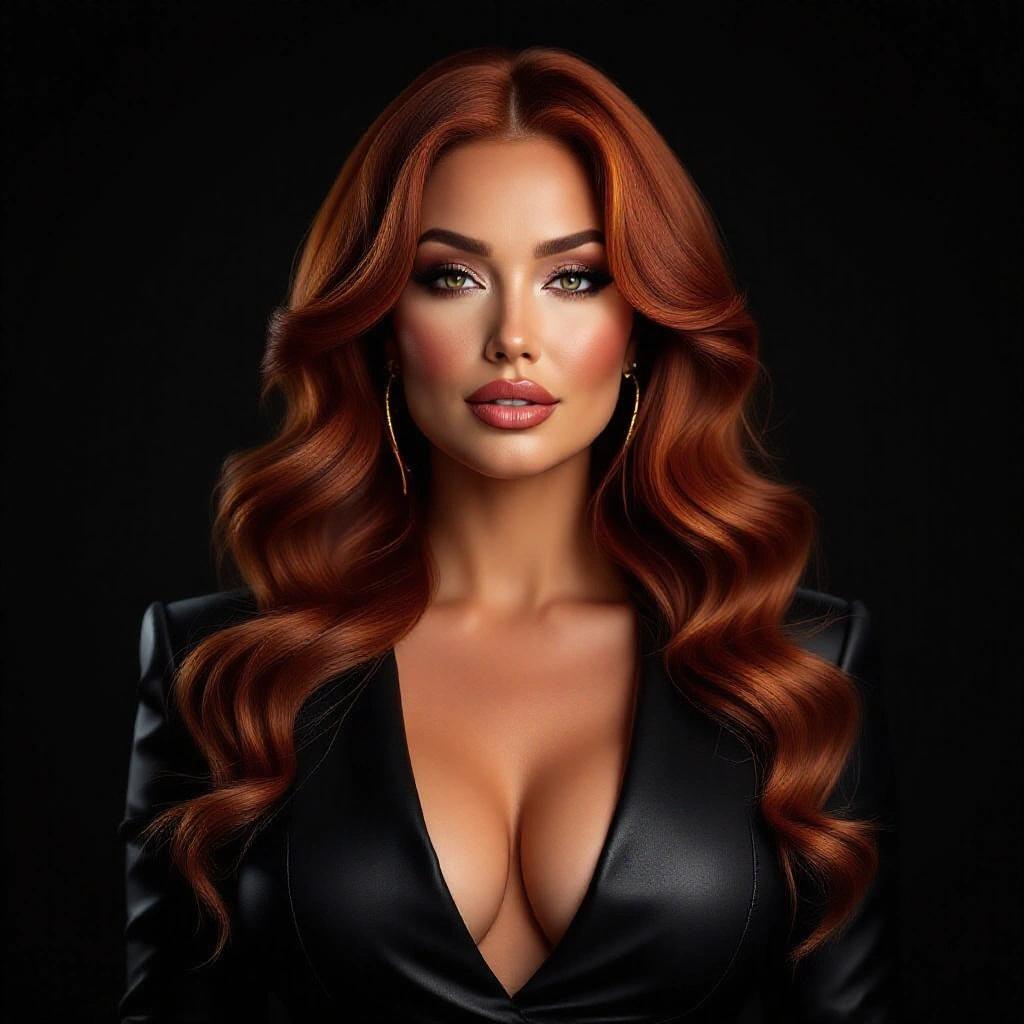 Realistic portrait of a confident woman. Long, wavy strawberry blonde hair. Mature face with sharp cheekbones and almond-shaped eyes. Elegant hourglass figure in deep V-cut black outfit. Dark background with subtle light. Ultra-detailed and lifelike.