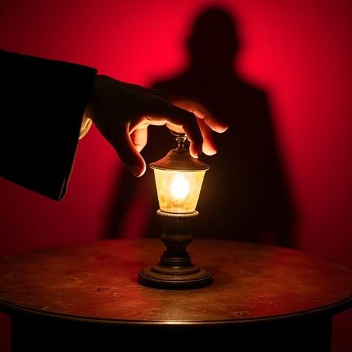 A hand reaches for a glowing lamp on an antique table. The background is red. There is a faint outline of a shadowy figure behind the lamp. The image features dramatic lighting.