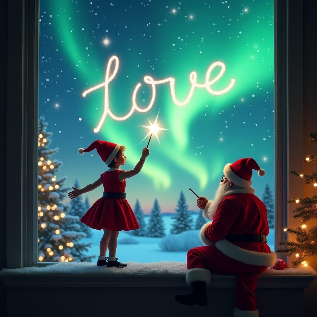 A magical Christmas scene. An elf is writing 'Love' in the night sky with a wand. The background features beautiful northern lights. Santa watches from the side. Both characters have their backs to the viewer.