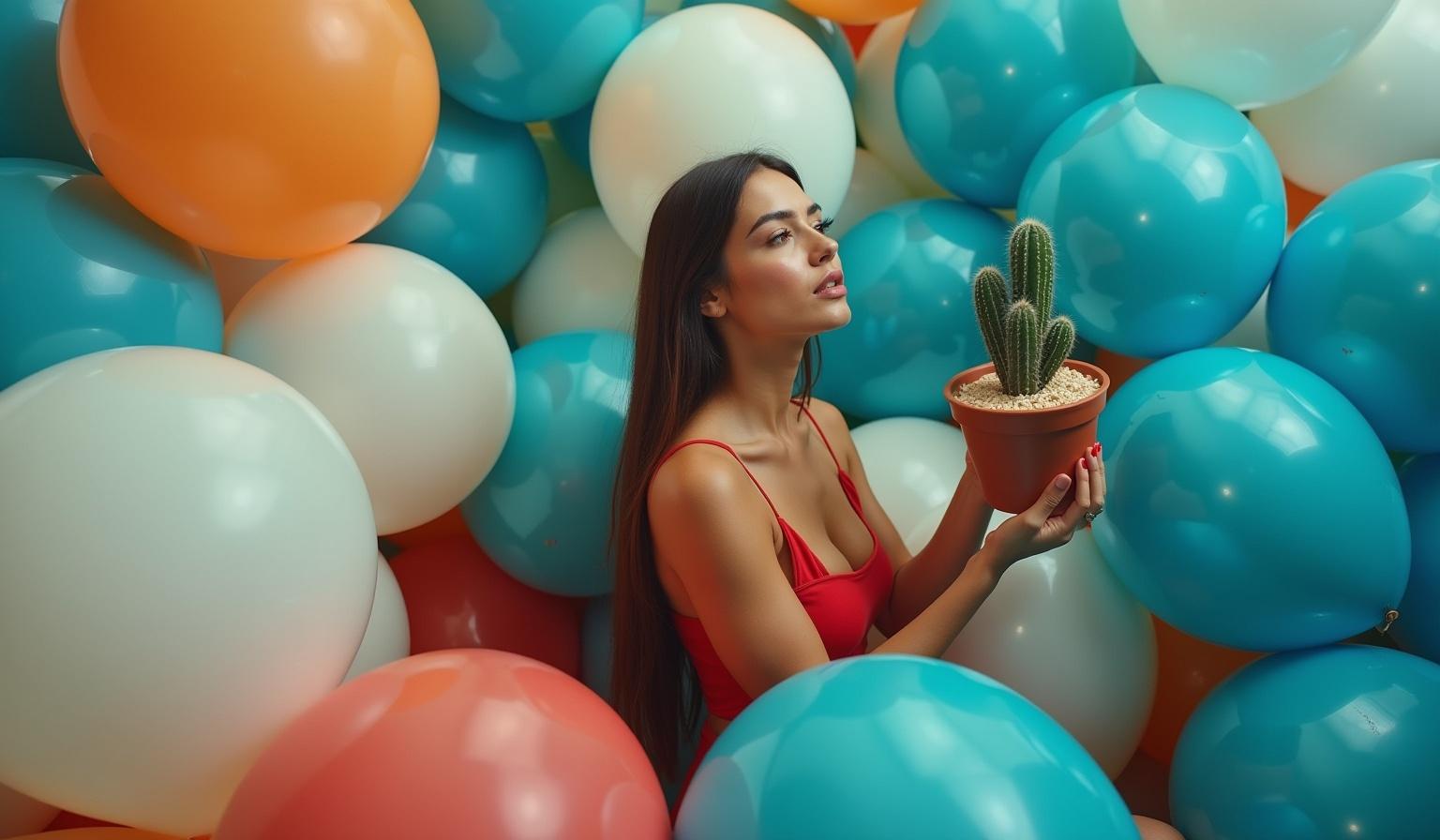 A woman in a red swimsuit holds a small potted cactus. She stands in a colorful room filled with oversized balloons. Translucent balloons in blue white and orange surround her. An explosive moment occurs as rubber shreds float in the air. The composition is lively with realistic lighting and vivid details.