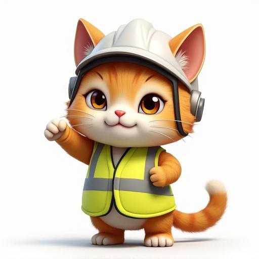 Realistic cat character wearing construction helmet and reflective vest. Cat has a confident expression and poses by pointing. Image shows side view in Genba Neko style.