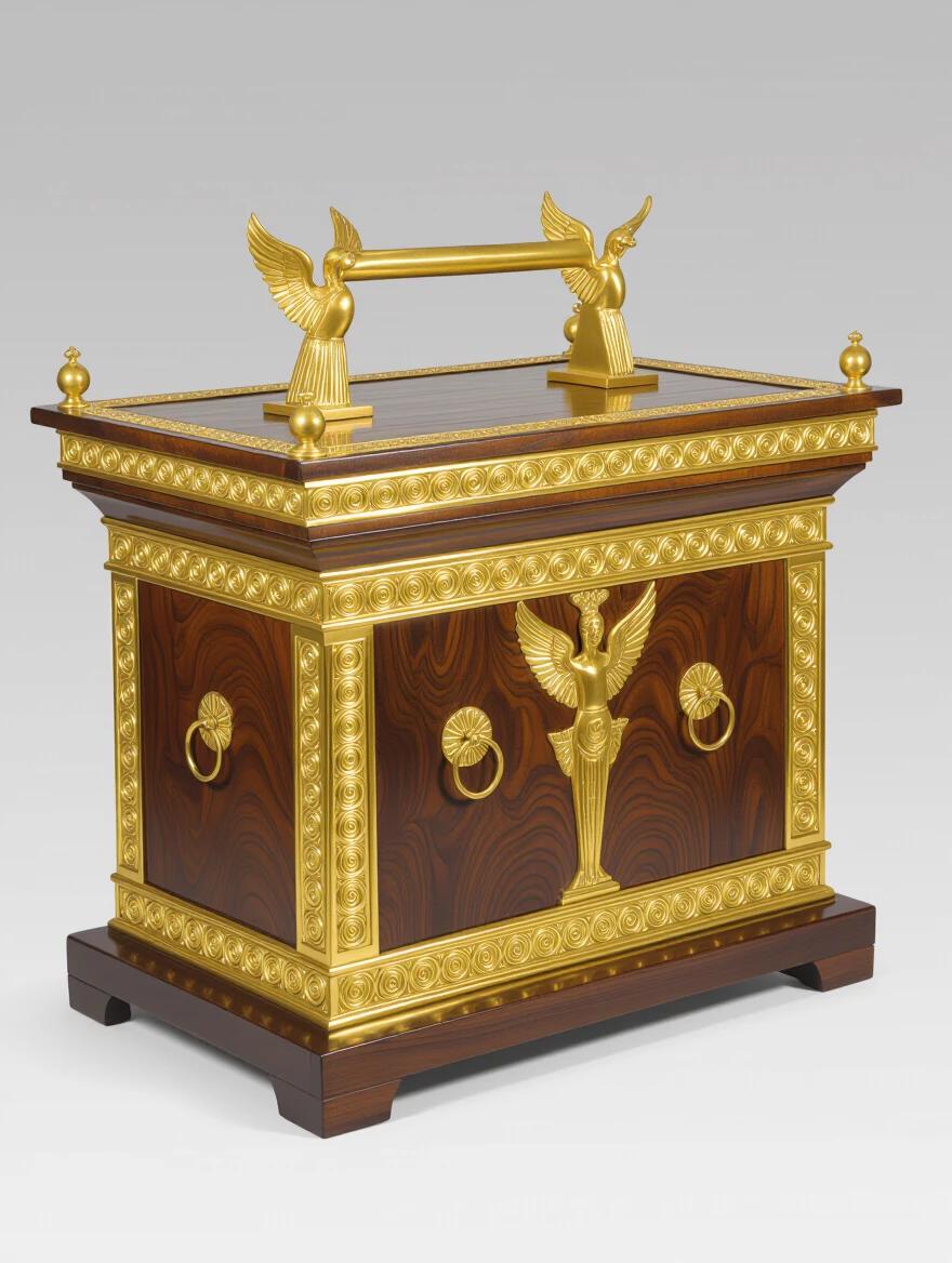 Ark of the Covenant described in Exodus 25:10–22. Sacred chest made of acacia wood with gold overlay. Measures approximately 110cm long 66cm wide 66cm high. Features golden molding and four gold rings. Carries poles of acacia wood covered in gold. Top includes propitiatory made of pure gold with cherubim on ends. Ark symbolizes divine light in a holy atmosphere.