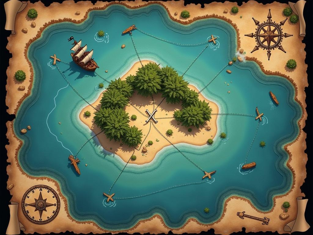 Create a pirate-themed map that features a treasure island surrounded by water. The island should have various landmarks like a secluded cove, a sandy beach, and dense jungle areas. Include an 'X' marking the treasure spot, as well as routes leading to it from a ship anchored offshore. The edges of the map should have artistic embellishments resembling waves and sea creatures, along with a compass rose in one corner. Use an aged, weathered look for the map to enhance the pirate aesthetic.