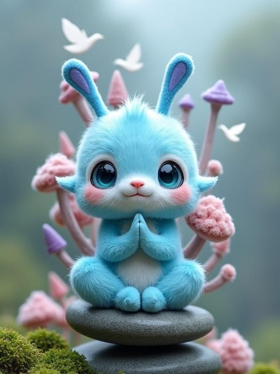 Whimsical image of a serene creature in a fantastical environment. The creature is bright sky blue with large deep blue eyes and soft pink features. It sits cross-legged on gray stones, surrounded by pastel-toned structures resembling futuristic cities and mushrooms. The background is softly blurred with white bird silhouettes, creating a dreamlike atmosphere.