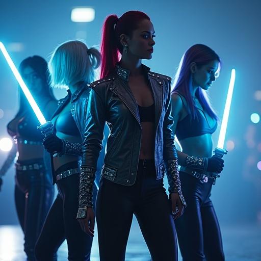 Create a dark cinematic live action close up image of five women in a sleek fashion music group. They wear chrome suits and tight black pants. One has a long dark red ponytail holding a glowing blue sword. Another has a bob haircut holding a blue disk. A platinum blonde with pigtails holds a glowing wand. One wears chrome sunglasses and holds a silver energy gun. The last has curly golden hair and holds sleek blades. Set in a huge concert arena at night with detailed textures and high resolution.