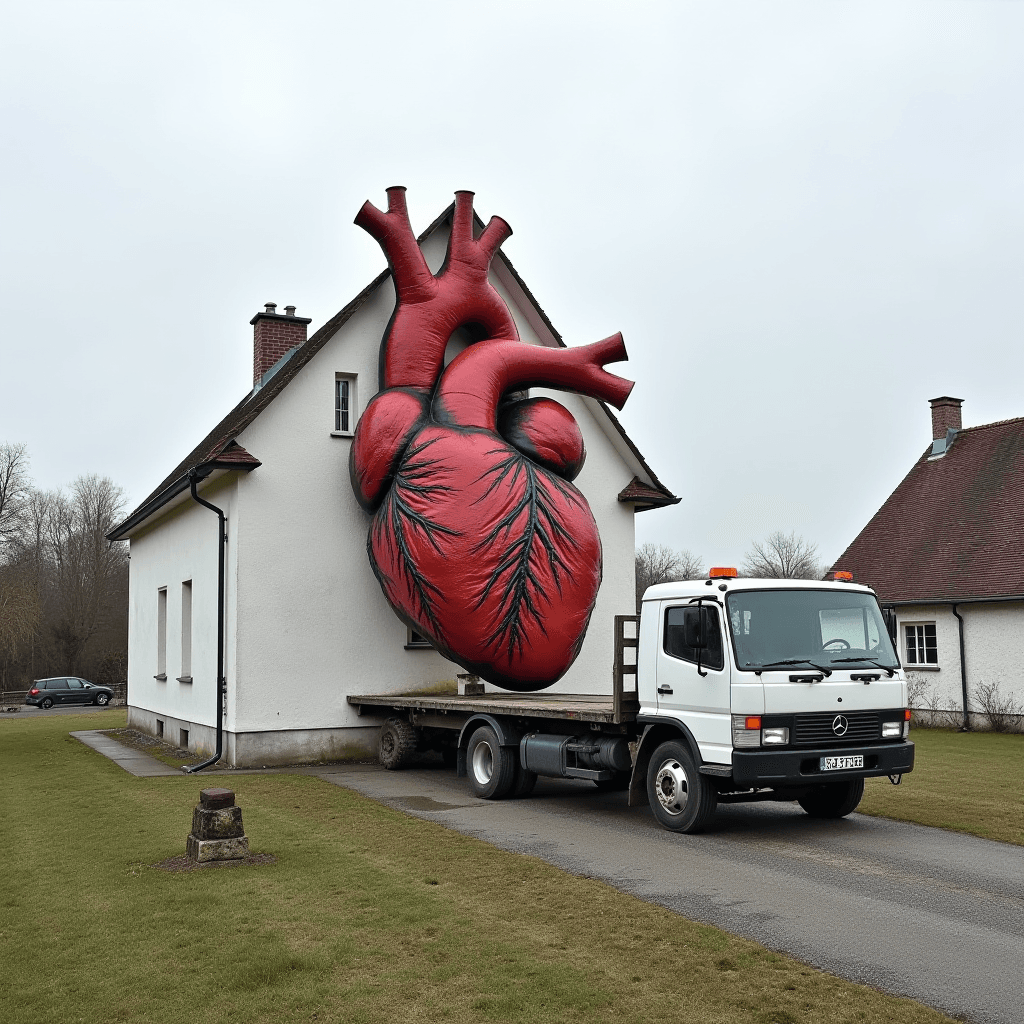 The image features a surreal scene where a giant, oversized heart is attached to the front of a house. The heart is strikingly detailed with visible arteries and veins, and it's painted in a vibrant red color that contrasts with the white walls of the house. 

In front of the house, there is a flatbed truck parked on the driveway that looks as though it might have been used to transport the colossal heart. The truck is white, matching the house, and it's parked on a paved path, framed by a neatly trimmed lawn.

In the background, more houses with sloped roofs are visible, and the trees are bare, suggesting a season of late autumn or winter. The sky is overcast, adding to the dramatic atmosphere of the scene.