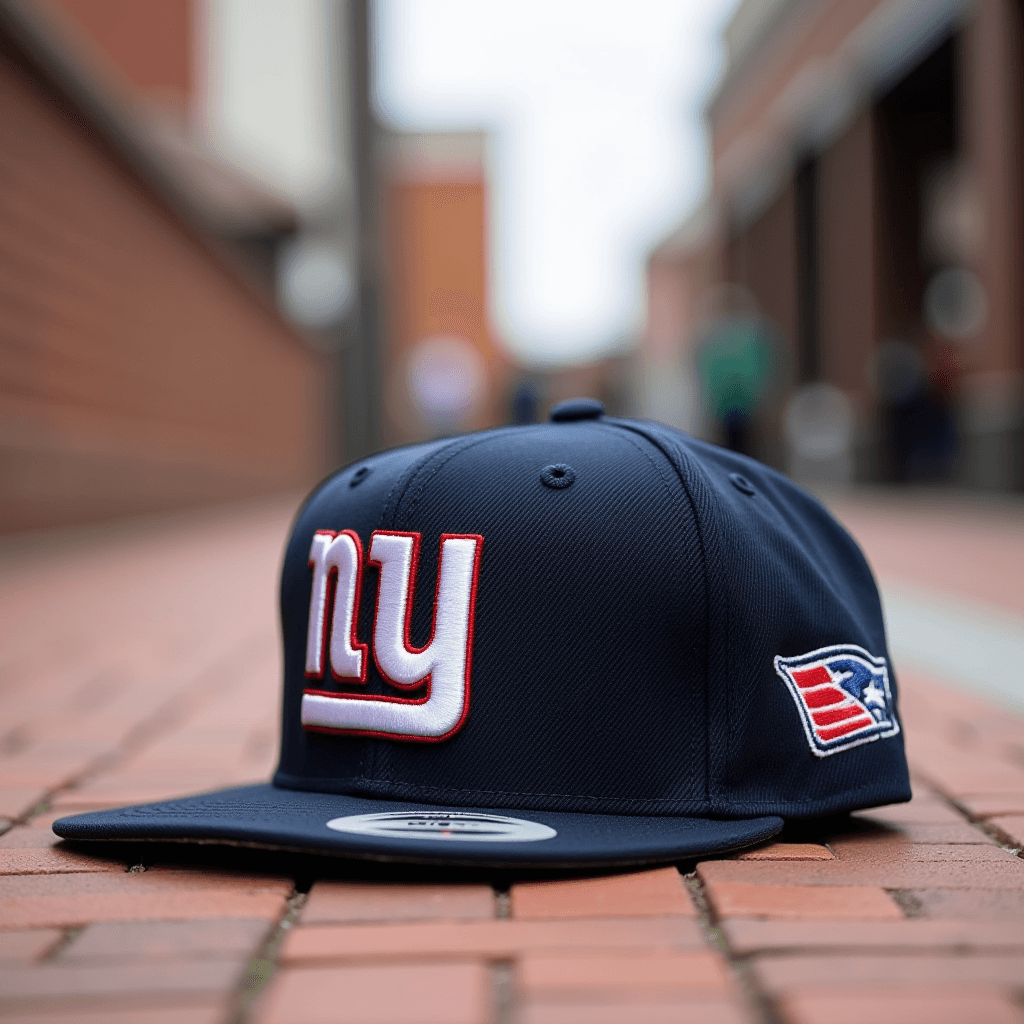 A navy blue baseball cap with the letters 'NY' on its front and a logo on its side lies on a brick pathway in an urban setting.