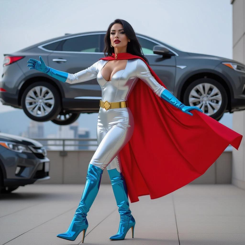 A short body superheroine levitating 20 feet above ground. She wears a silver latex uniform with low-cut chest, metallic blue gloves, a red cape, blue high-heeled boots, and a gold belt. Long black hair styled beautifully, lifting a car with one hand.