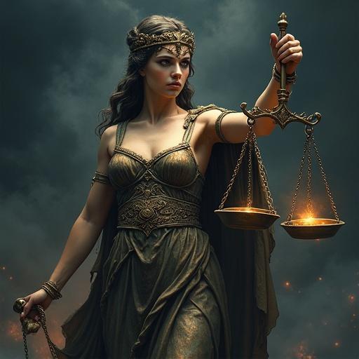 Epic illustration of Lady Justice. She has no blindfold. Scales are unbalanced with TikTok and Civil Code. Holds gavel. Shield is cracked. Eyes look fierce. Dark colors with glowing accents.