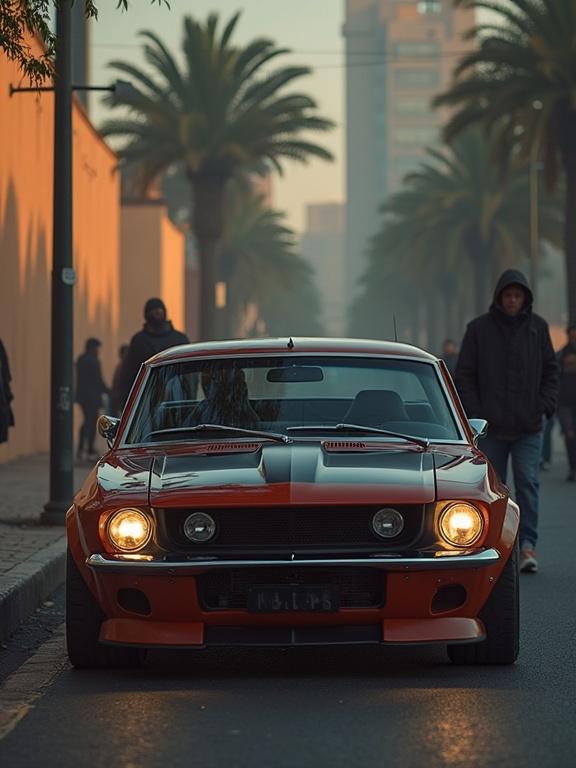 A classic muscle car parked on a city street surrounded by palm trees and pedestrians. The atmosphere is calm with morning light filtering through the buildings. The car features a striking red color with black stripes. City elements provide a modern urban backdrop.