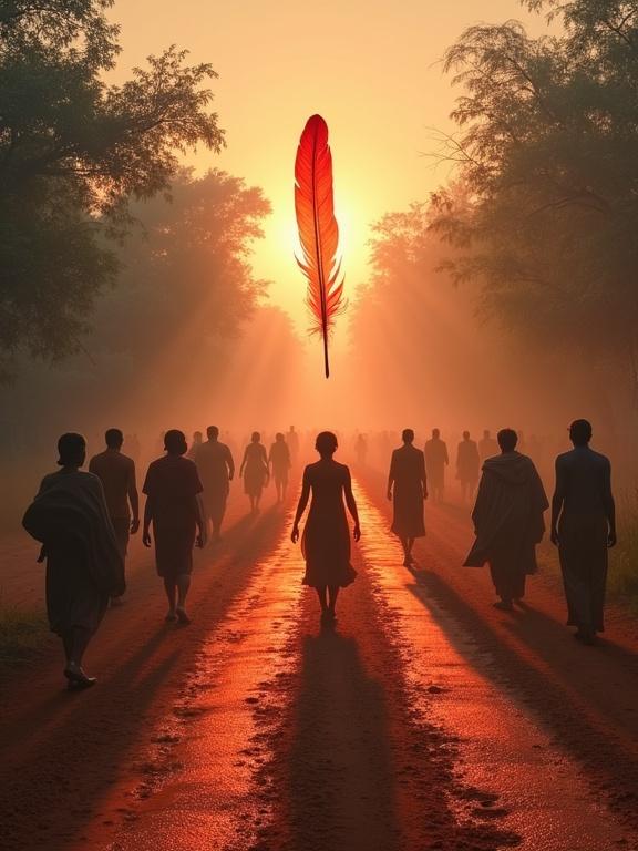 A scene depicting human figures at dawn at a crossroads radiating in all directions. The background features soft red and gold hues with gentle blue accents. A feather hovers in the air, symbolizing a connection to something sacred. Figures pause, showing signs of transformation and reverence. The light creates a mystical atmosphere with dust motes visible in the air.
