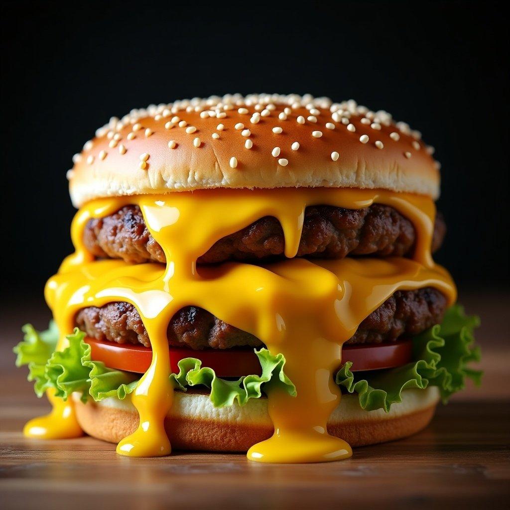 Double patty cheeseburger with dripping melted cheese on top. Fresh lettuce and tomatoes included. Ultra realistic image showcasing details.