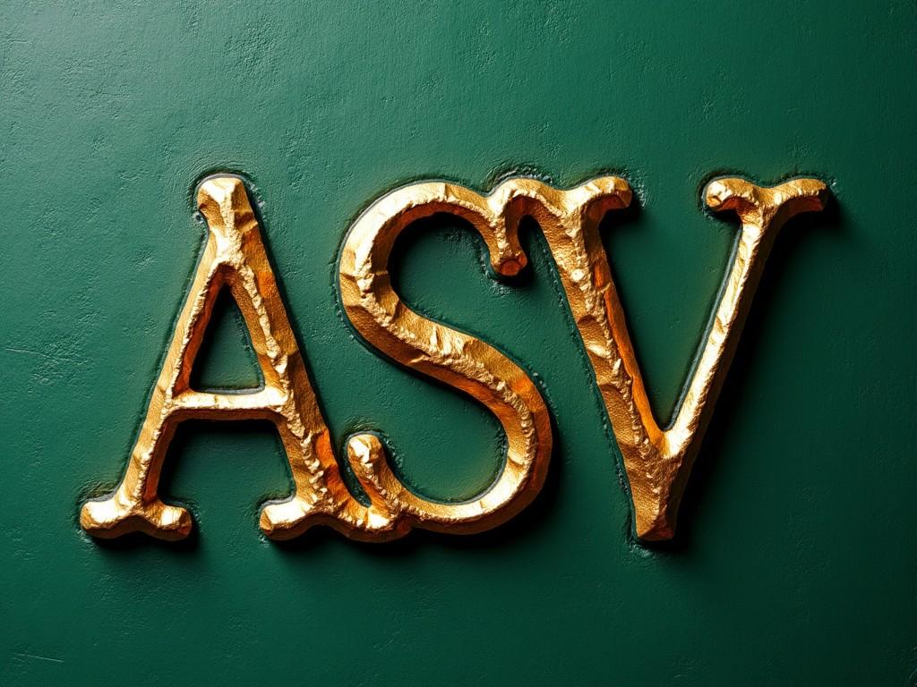 This image features the letters 'ASV' prominently displayed in a shiny gold finish. The background is a deep green color, which enhances the elegance of the gold. The letters have a textured appearance, suggesting craftsmanship and artistic design. The lighting is soft, allowing the gold to reflect subtly. Overall, the composition conveys luxury and sophistication.