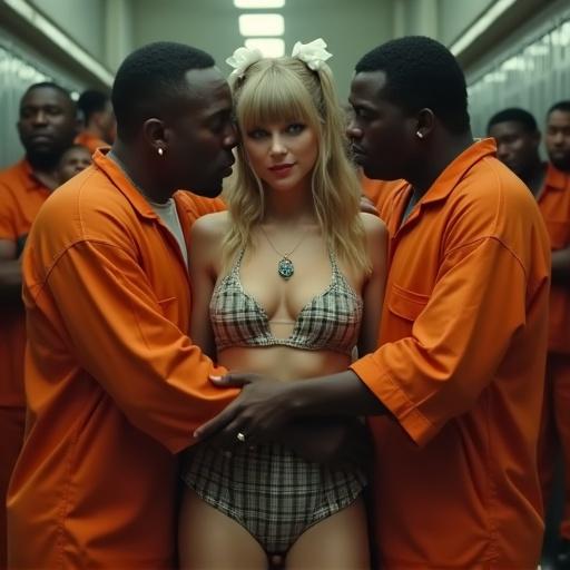 Scene features Taylor Swift in a prison cell with two male inmates surrounding her. Taylor has long pigtails, white hair ribbons, and a tight bikini top with a miniskirt. She appears playful and flirtatious. Inmates wear orange jumpsuits. Environment is crowded, creating a vibrant music video atmosphere.