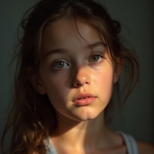 A girl with realistic imperfections. Features include camera grain, uneven lighting, slight motion blur, handheld photo style, ambient light, natural shadows, visible skin texture.