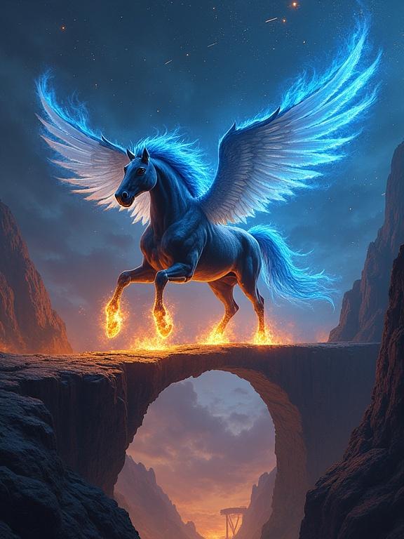 Pegasus made of lava with a fiery blue mane. Gallops over a bridge of ash. Surrounding abyss filled with shooting stars. Ancient temple ruins floating. Meteorites falling like gold.