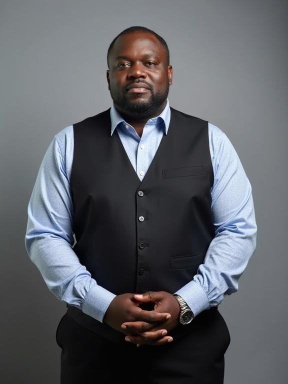 Dark-skinned man stands confidently in formal attire. He wears a light blue patterned shirt and a black vest with dress pants. His hands are clasped in front of him. The background is plain gray. The atmosphere is calm and professional.