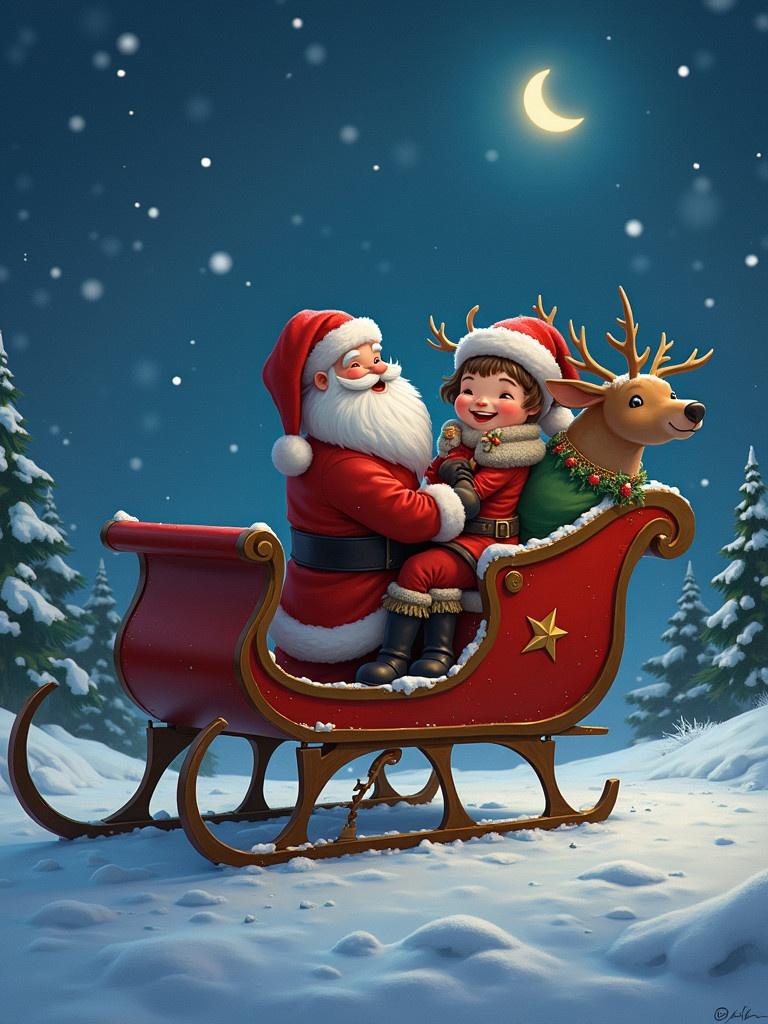 Santa Claus in a red sleigh surrounded by snowy trees. He is with joyful children and a reindeer. The moon is shining in the night sky.