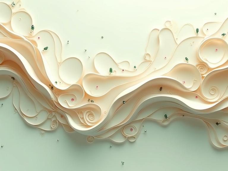 Digitally rendered abstract image features flowing organic form in muted colors. The shape resembles biological structures or viscous fluids, with bulbous sections linked by thin extensions. Intricate detail and reflective surfaces enhance the design. Soft lighting creates subtle highlights on smooth textures. Small dark jewel-toned accents provide contrast among ornamental forms and tiny droplets.