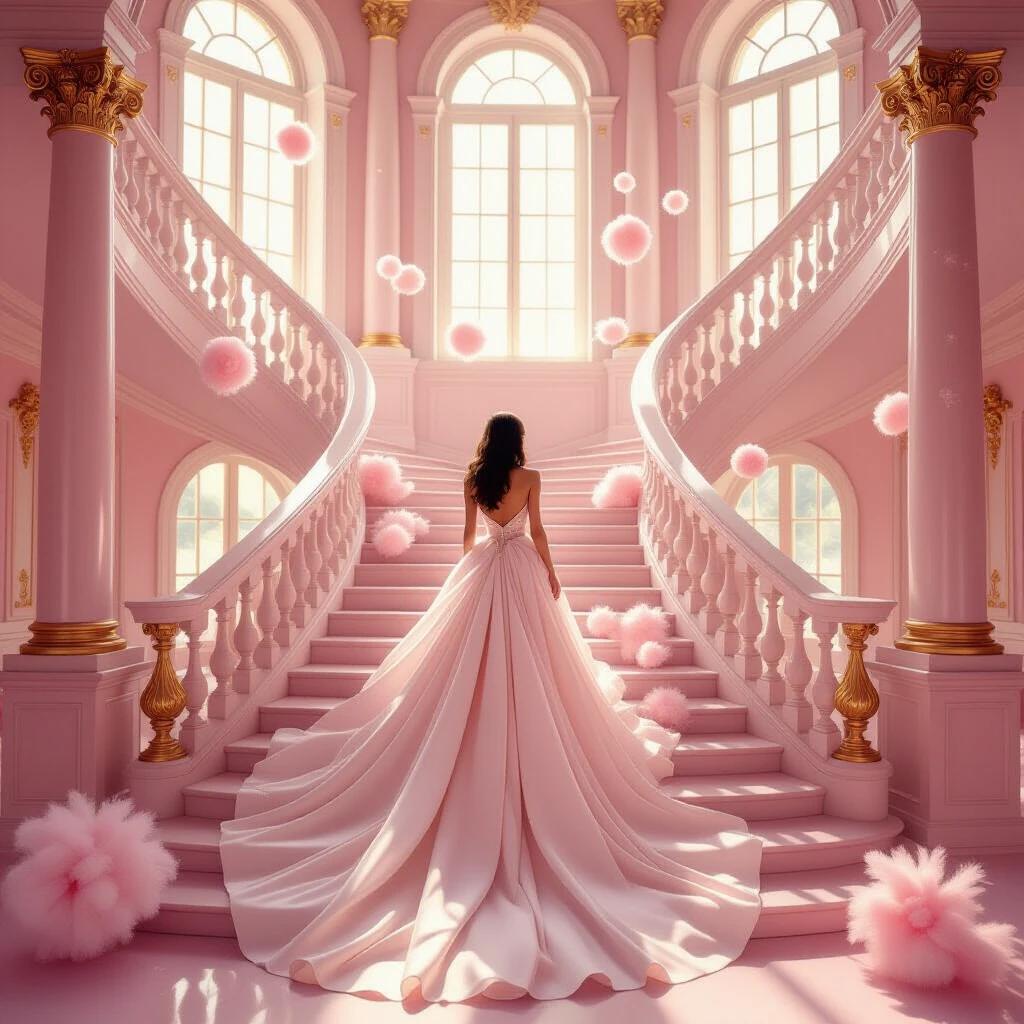 Elegant figure in a flowing pink gown poses on a grand staircase. The staircase features ornate curves and soft pink hues. The gown cascades delicately catching the light. The setting has ornate columns with gilded details and fluffy decorations. Sunlight filters through large windows creating a magical glow. The atmosphere is romantic and enchanting, resembling a fairytale.