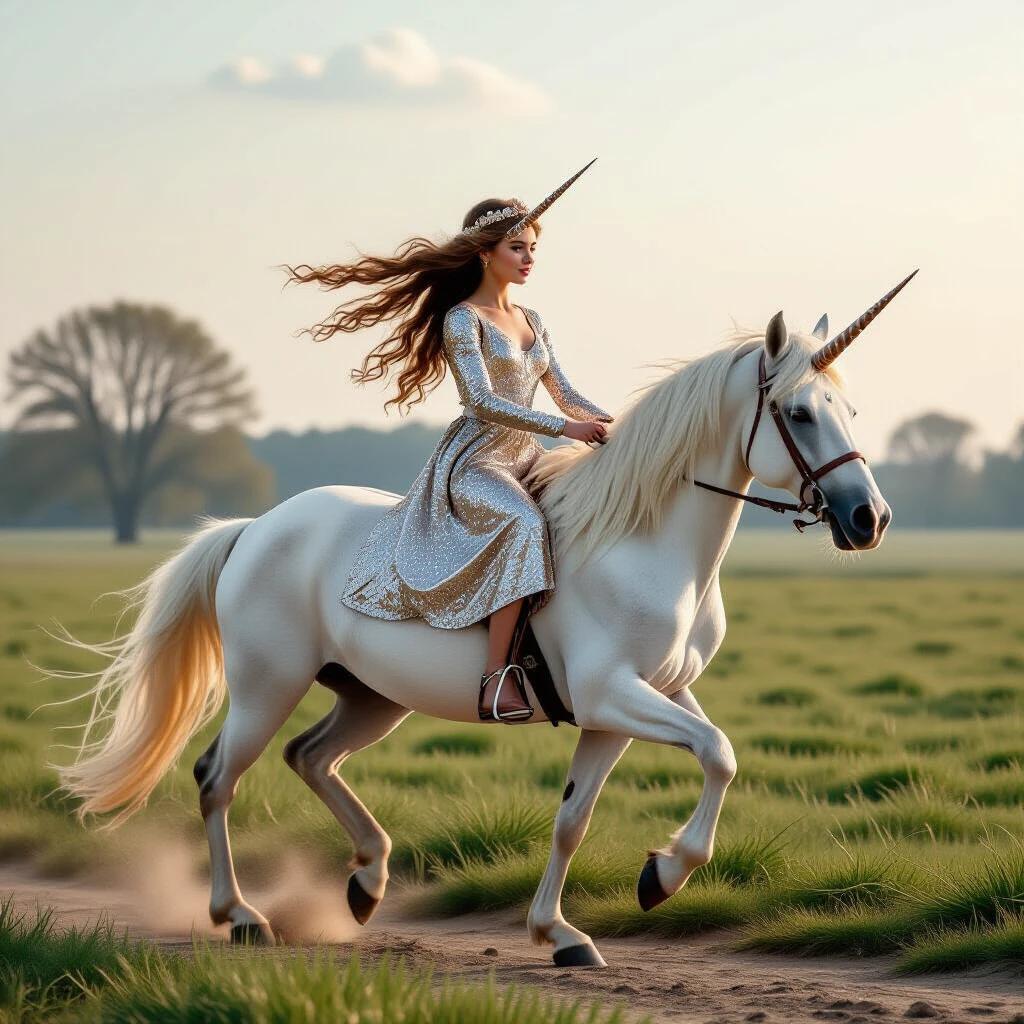 A girl with long hair gallops on a unicorn. The scene is set in Europe during the early 1930s. The girl wears a stunning sequin dress. The unicorn is majestic and powerful. The background features lush green fields and a clear sky. A dreamy and magical atmosphere surrounds the scene.
