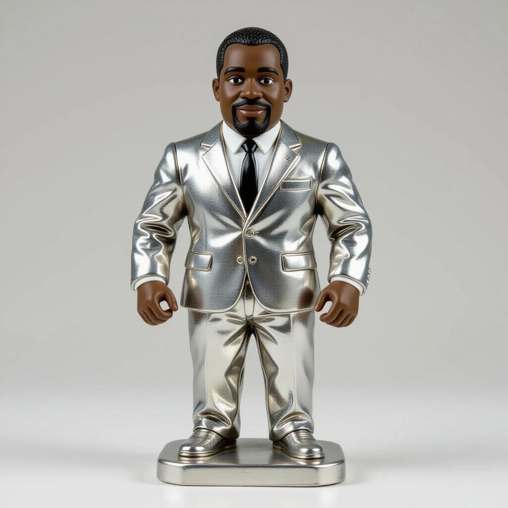 A stylized depiction of Jaybo from The Story of O.J. The character appears as a shiny chrome statue. The figure is dressed in a silver suit with a black tie. The pose is confident and upright. The background is minimalist to emphasize the figure.