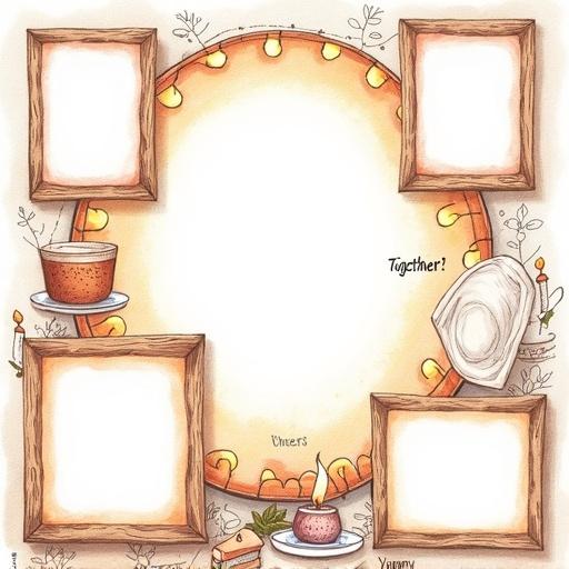 Hand-drawn photo collage with a cozy dinner party theme. Five blank decorative photo frames with unique borders. Large circular frame in the center. Two rectangular frames at the top angled inward. Two smaller square frames at the bottom tilted. Background features sketched dishes, cups, candles, and string lights. Words “Cheers”, “Together”, and “Yummy” in handwritten style. Soft whimsical style with textured pencil strokes and pastel colors.