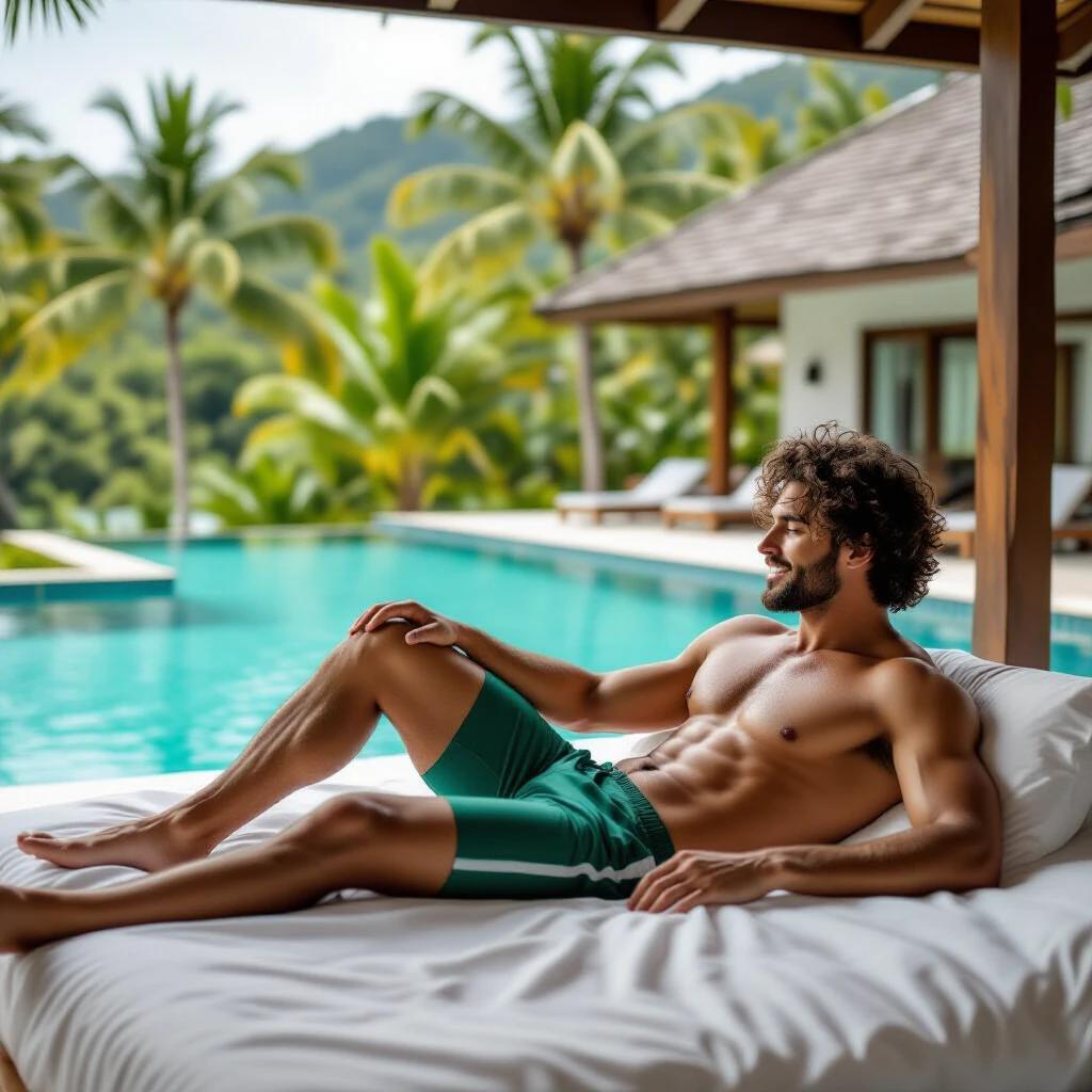 Man in green swim pants lying on a daybed next to a bright swimming pool. Surrounded by tropical plants. The scene is set in a private luxurious outdoor area.