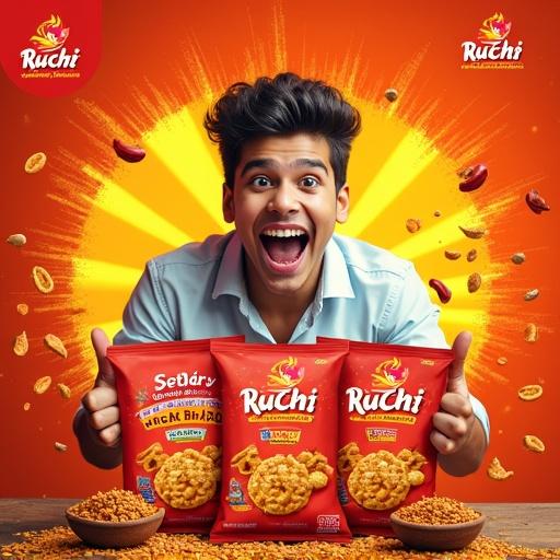 High-energy colorful advertisement for Ruchi Chanachur. Joyful young person holding Ruchi snack packs. Bold burst background with warm colors. Floating spices like chili and peanuts around packs. Diversity of flavors shown. Bold Bengali typography with English tagline. Vibrant snack packs with clean shadows and crisp details. Branding corner with Ruchi logo and Bengali slogan.